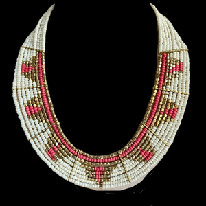 Seed bead collar necklace multi strand tribal design in white orange goldtone